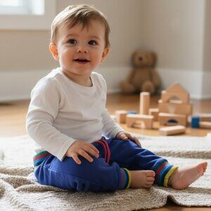 Baby Boden Blue Jogger Pants Rainbow Waistband 18–24 Months